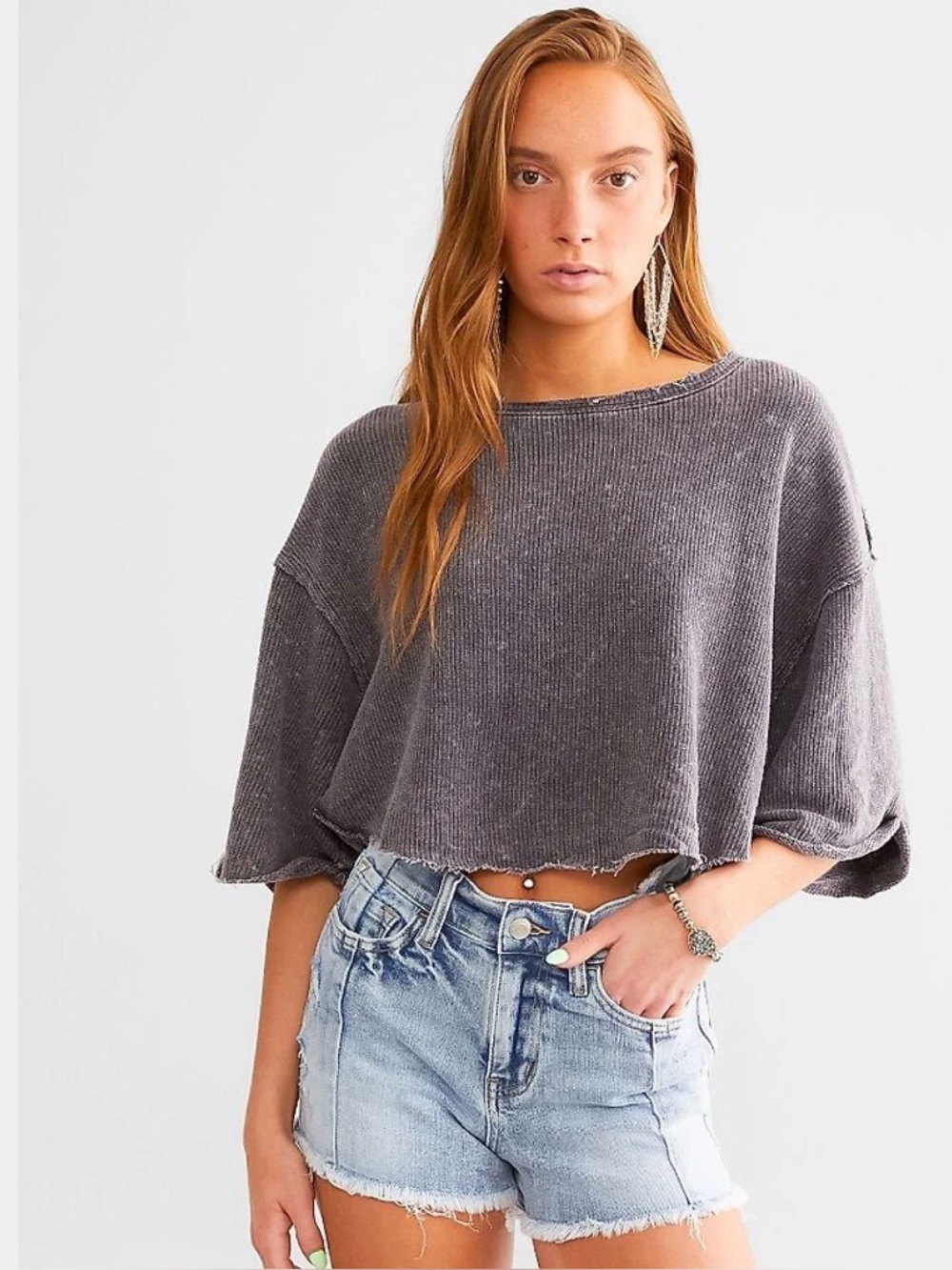 Free People cropped washed purple ribbed sweatshirt